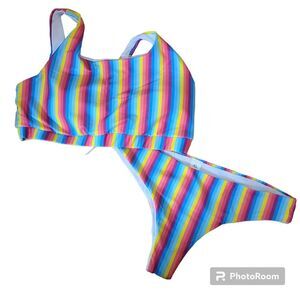 NEW AMAZON 2 Pc Bikini Swimsuit Size XL Blue Colorful Stripe Top Cheeky Bottoms